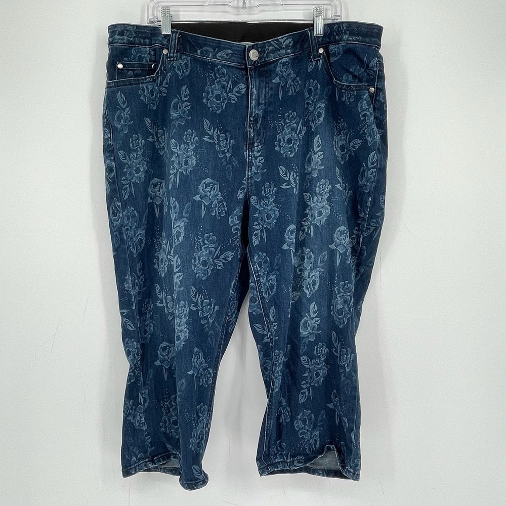 Catherines Women's Blue Floral Print Stretch Cropped Capri Denim Jeans Size 24W